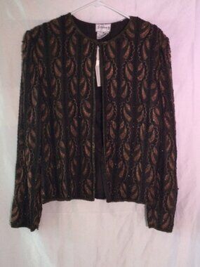 Sténay 100% Silk Hand Beaded Evening Jacket Black Bronze Size M NWT